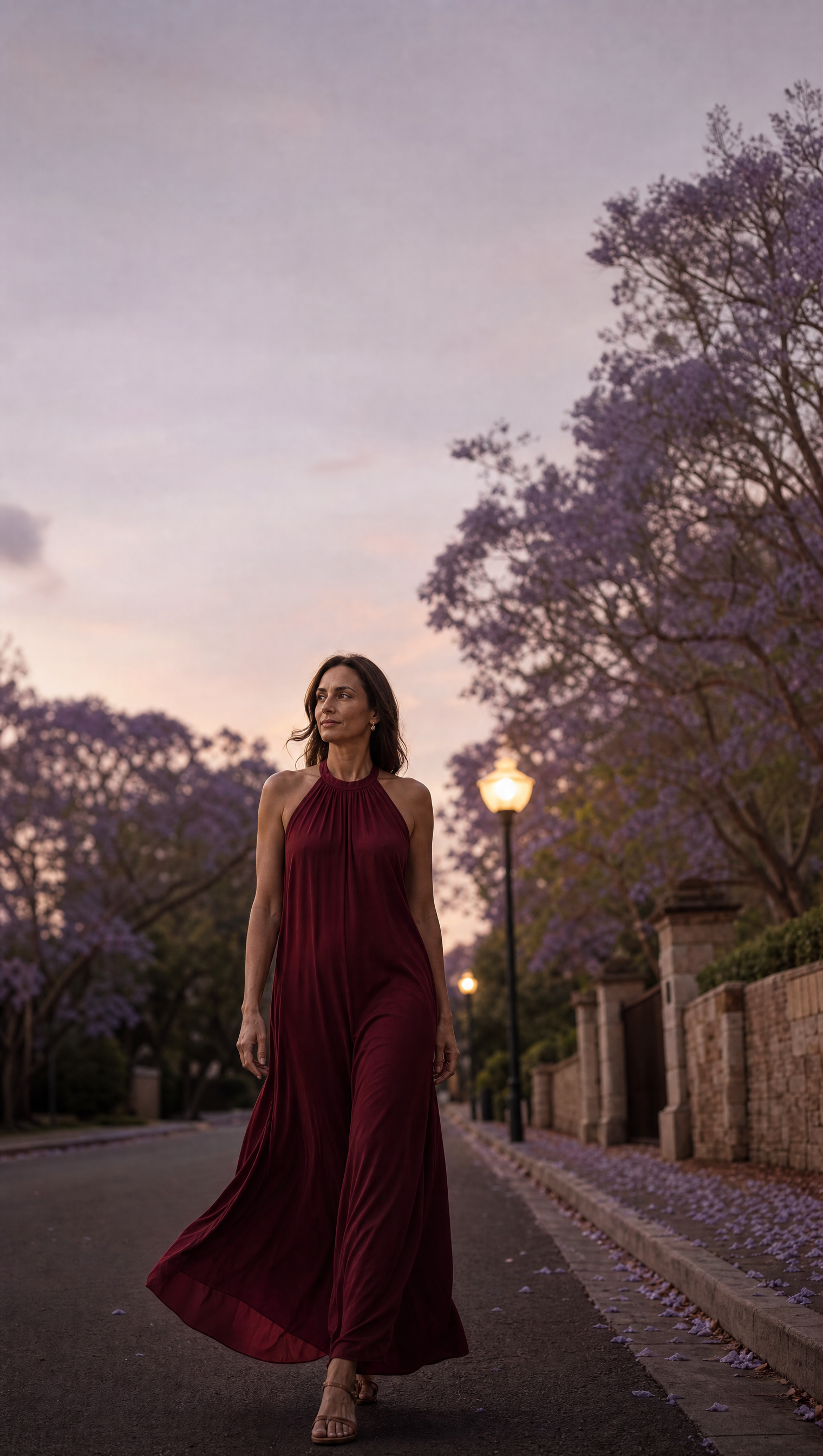 Woman in a wine-burgundy maxi dress walking along a jacaranda-lined Sydney street at dusk