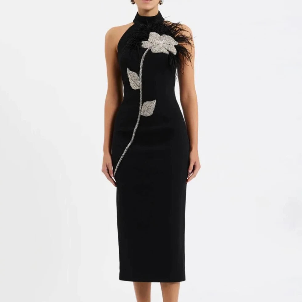 Women's Backless Feather Trim Midi Dress - Image 1
