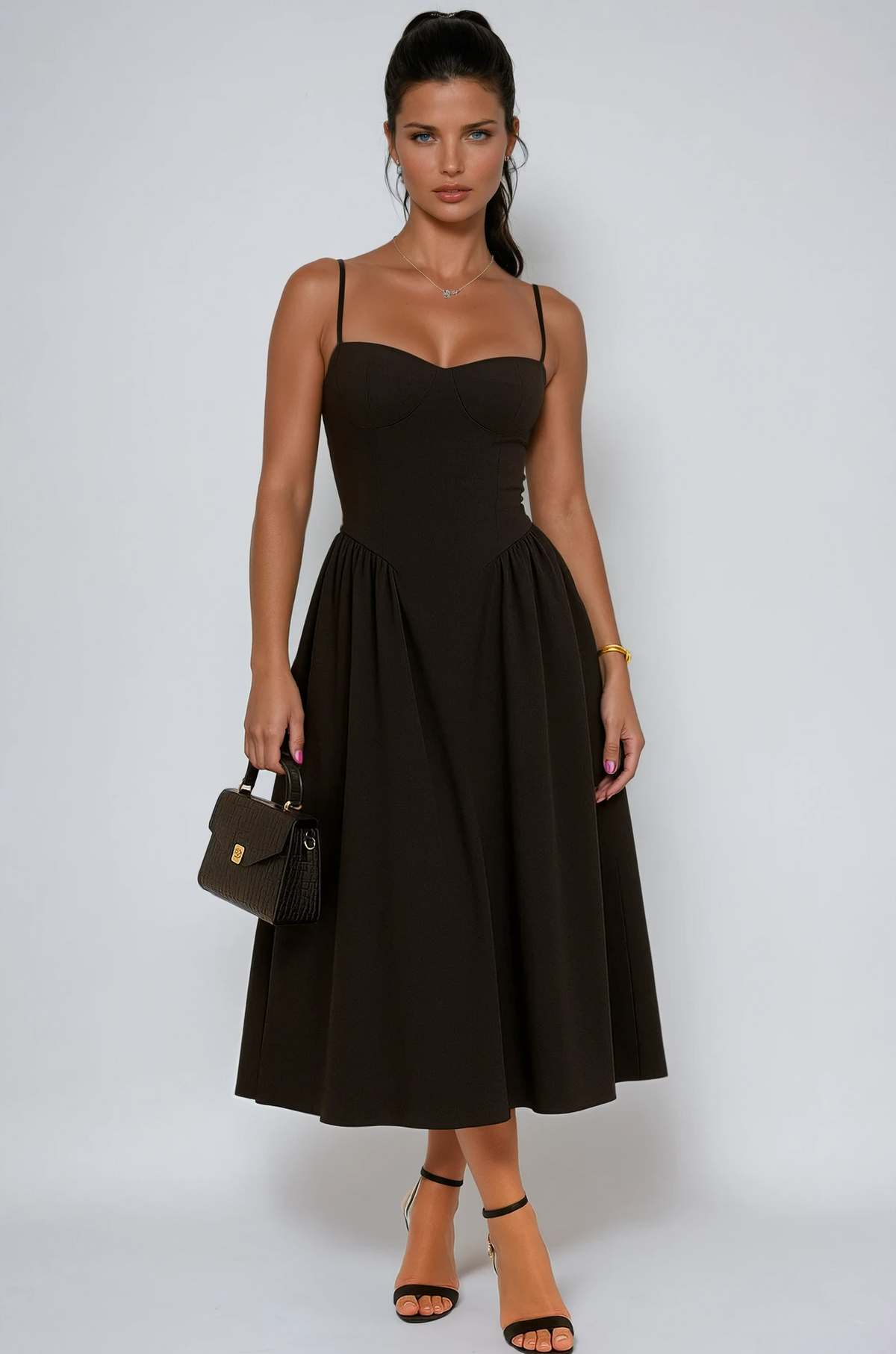 Women's Black Pleated Midi Dress for Work - Image 1