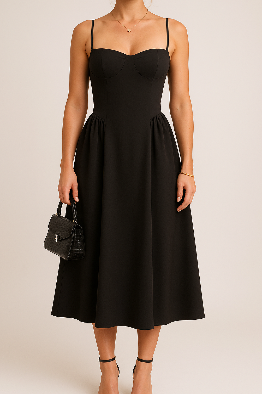 Women's Black Pleated Midi Dress for Work - Image 3
