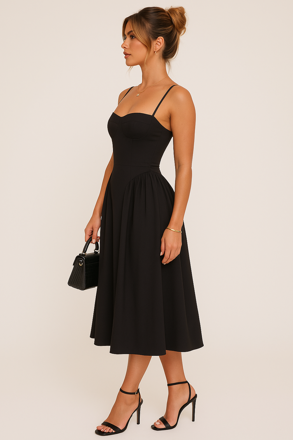 Women's Black Pleated Midi Dress for Work - Image 4