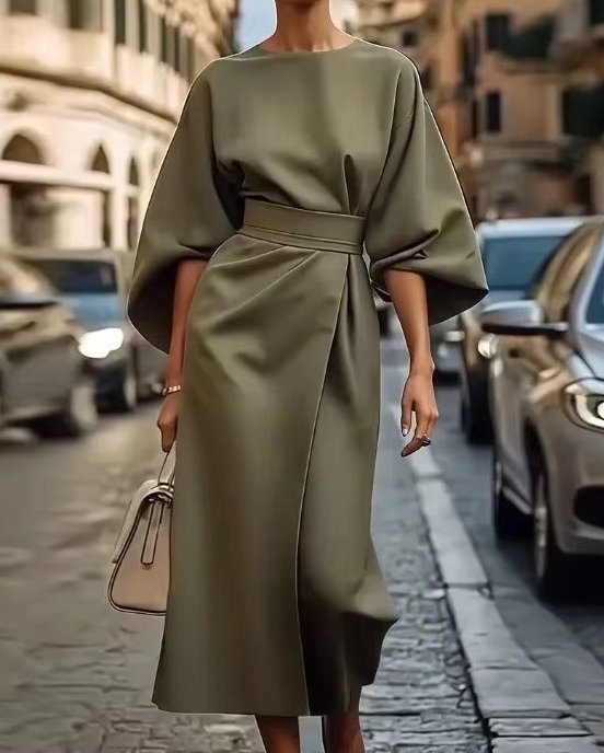 Women's Crew Neck Midi Dress for Work - Image 8