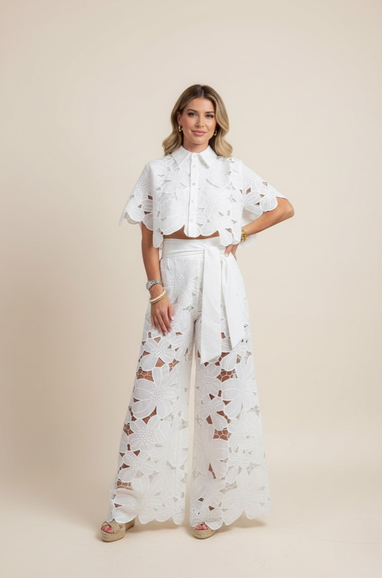Women's Floral Cropped Shirt and Wide-Leg Trouser Set - Image 1