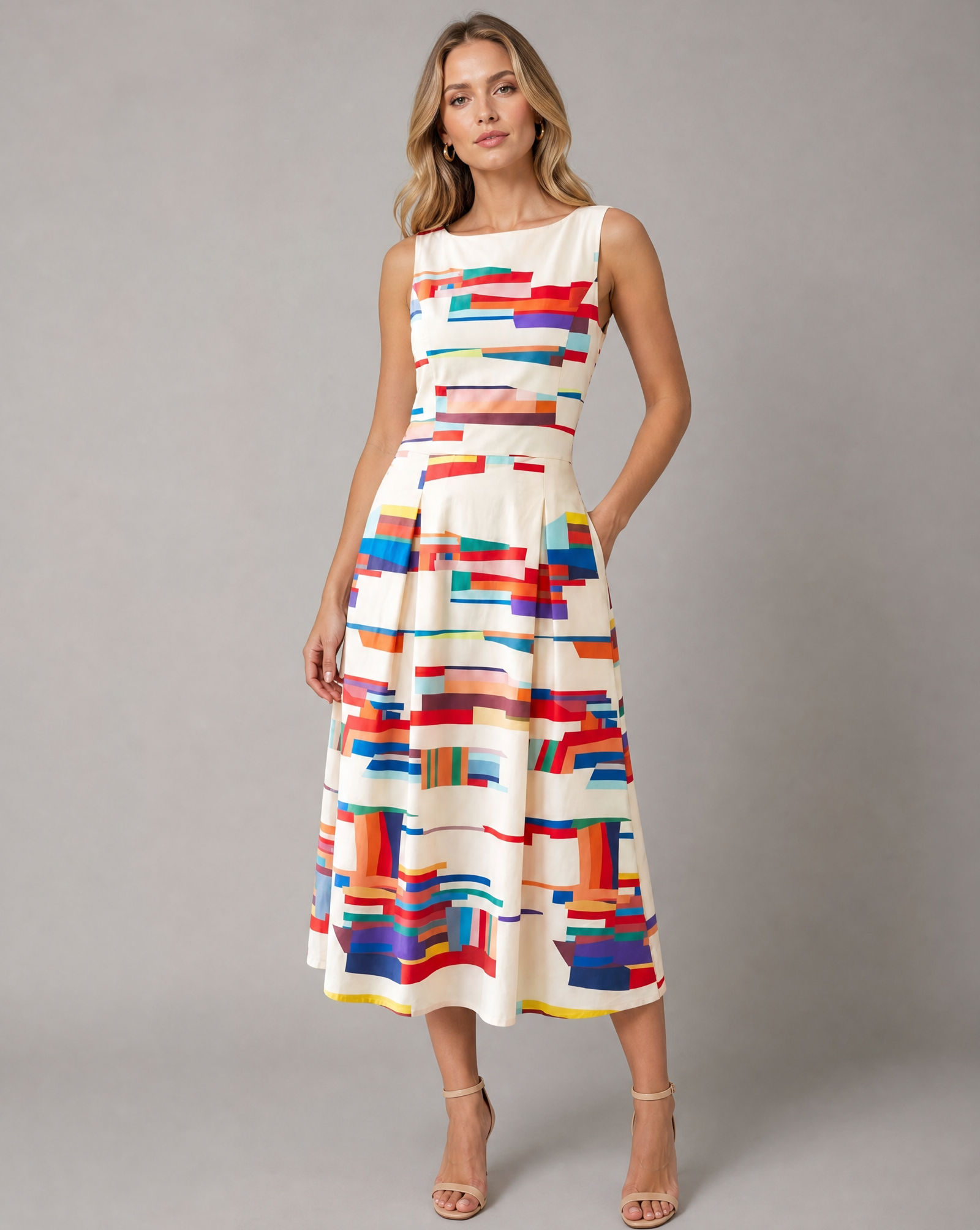Women's Ivory Geometric Print Midi Dress - Image 1