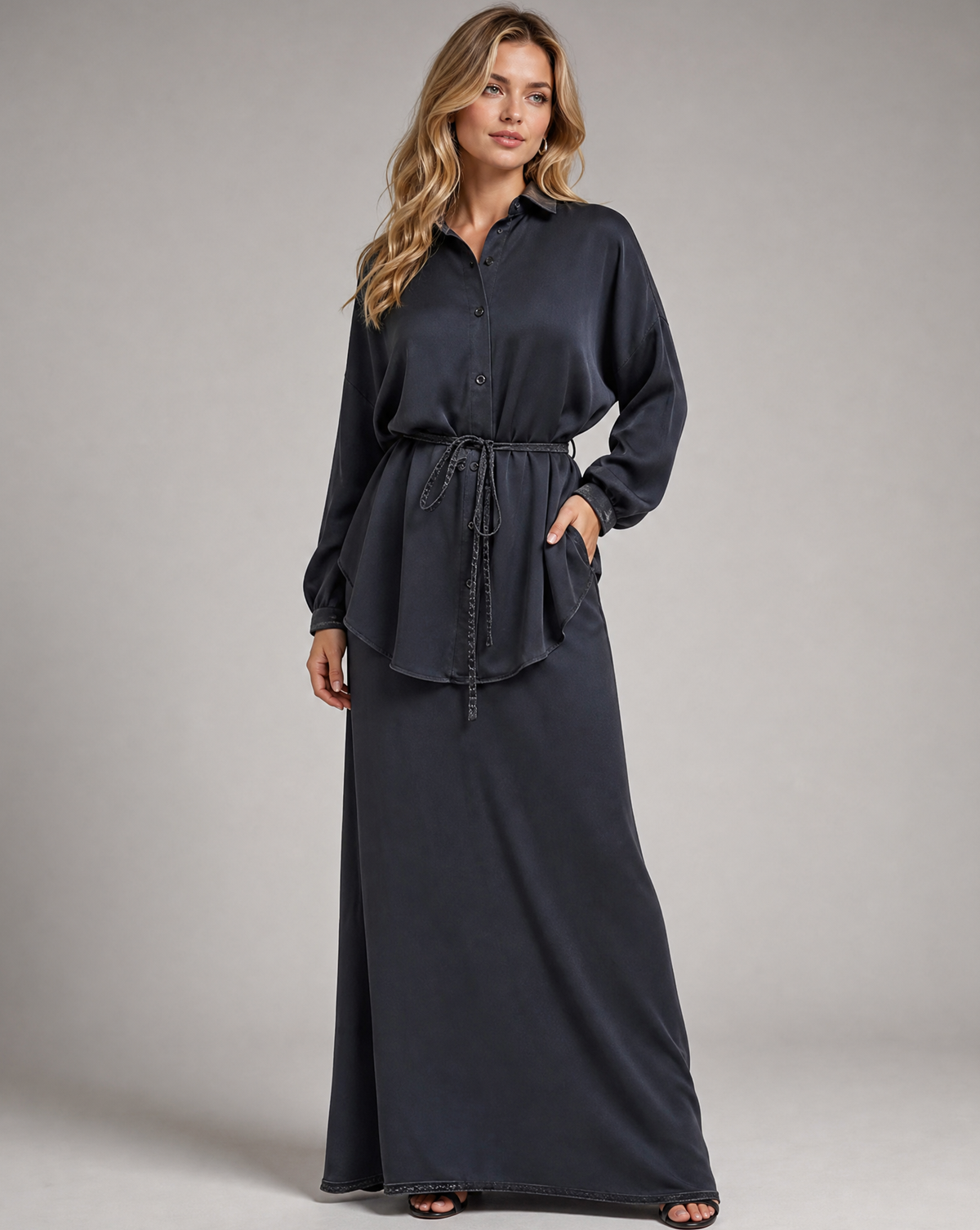 Women's Long Sleeve Tie-Front Shirt and Skirt Set - Image 2
