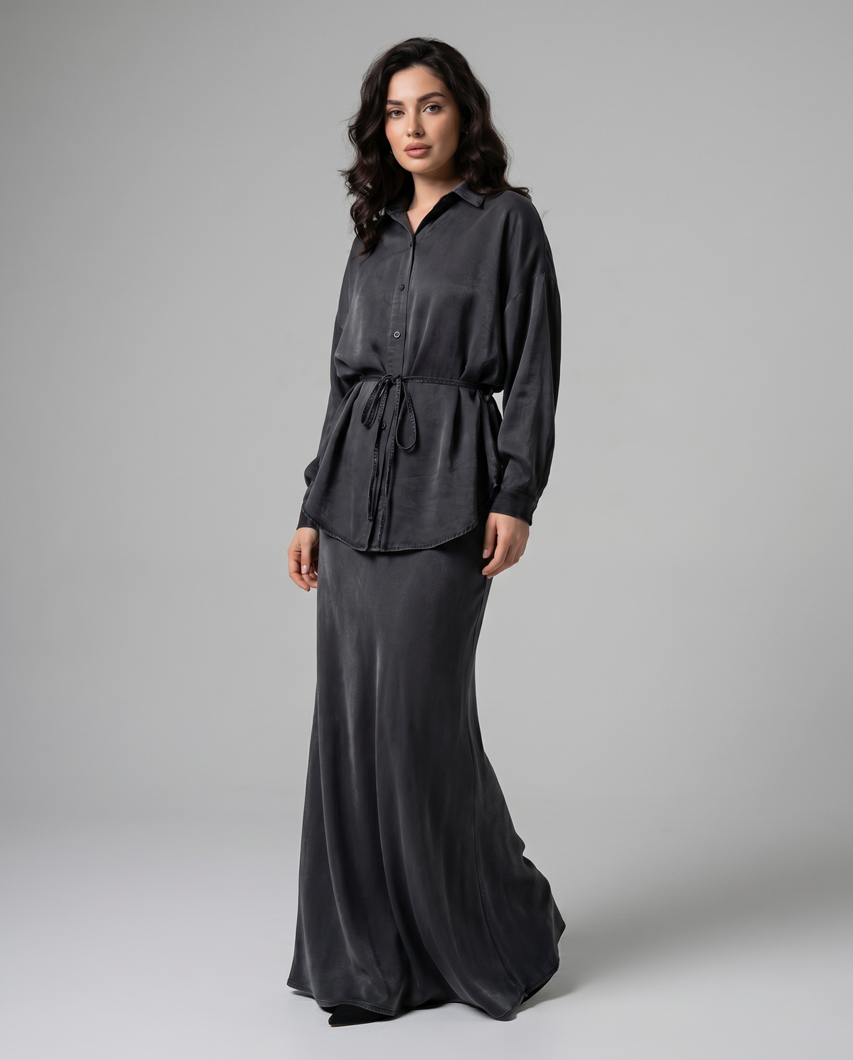 Women's Long Sleeve Tie-Front Shirt and Skirt Set - Image 3