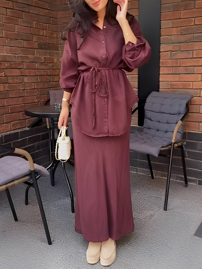 Women's Long Sleeve Tie-Front Shirt and Skirt Set - Image 5