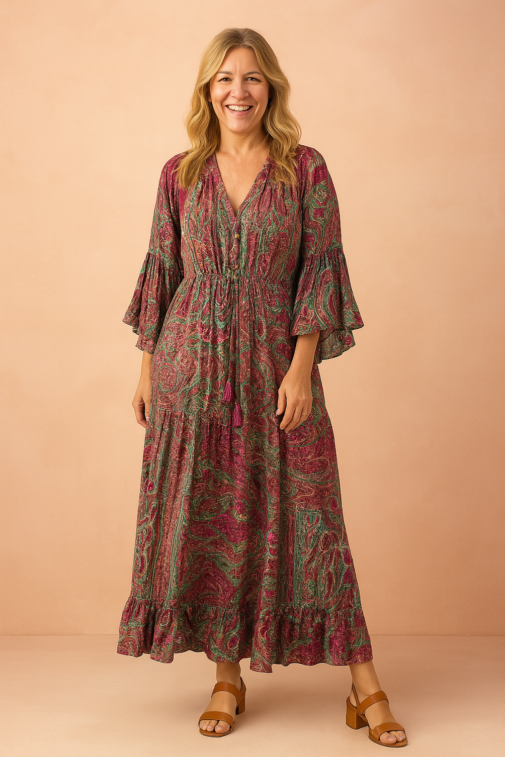 Women's Long Sleeve V-Neck Maxi Dress with Drawstring Waist - Image 1