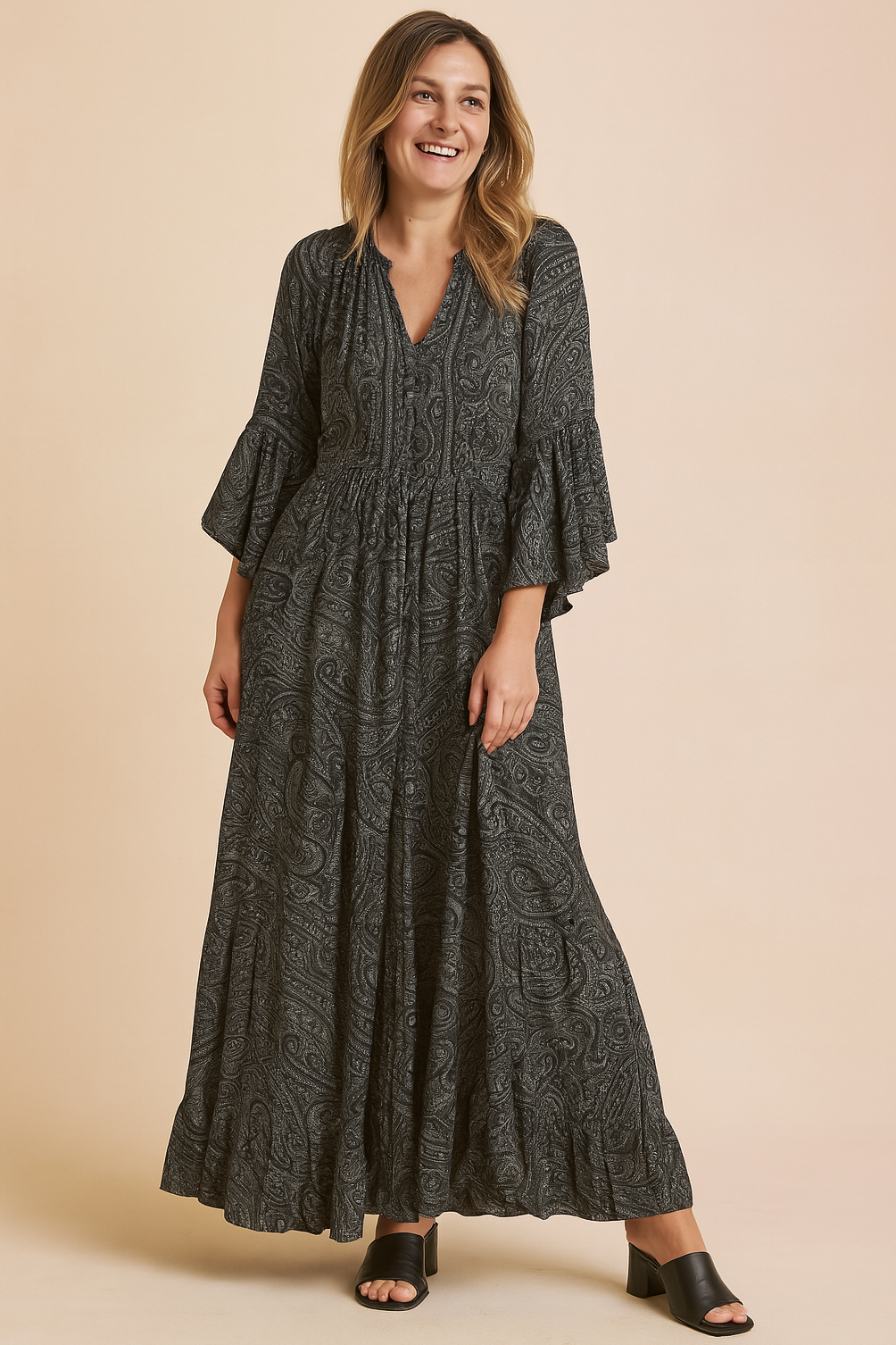 Women's Long Sleeve V-Neck Maxi Dress with Drawstring Waist - Image 4