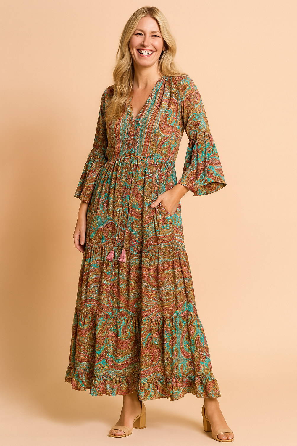 Women's Long Sleeve V-Neck Maxi Dress with Drawstring Waist - Image 6