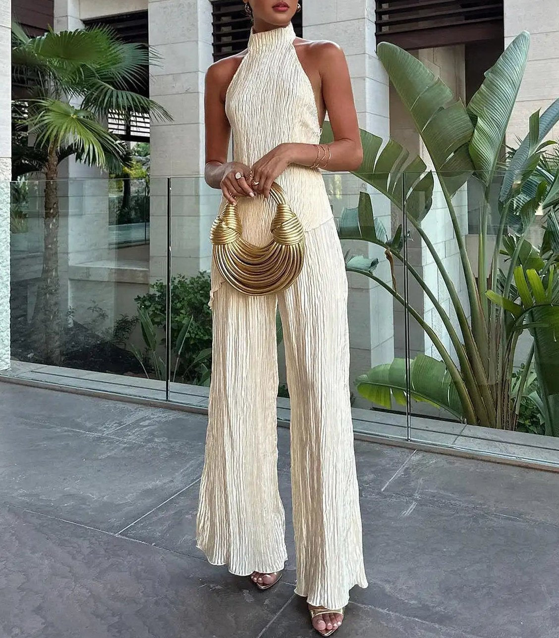 Women's Pleated Halter Top and Wide-Leg Trousers Set - Image 1