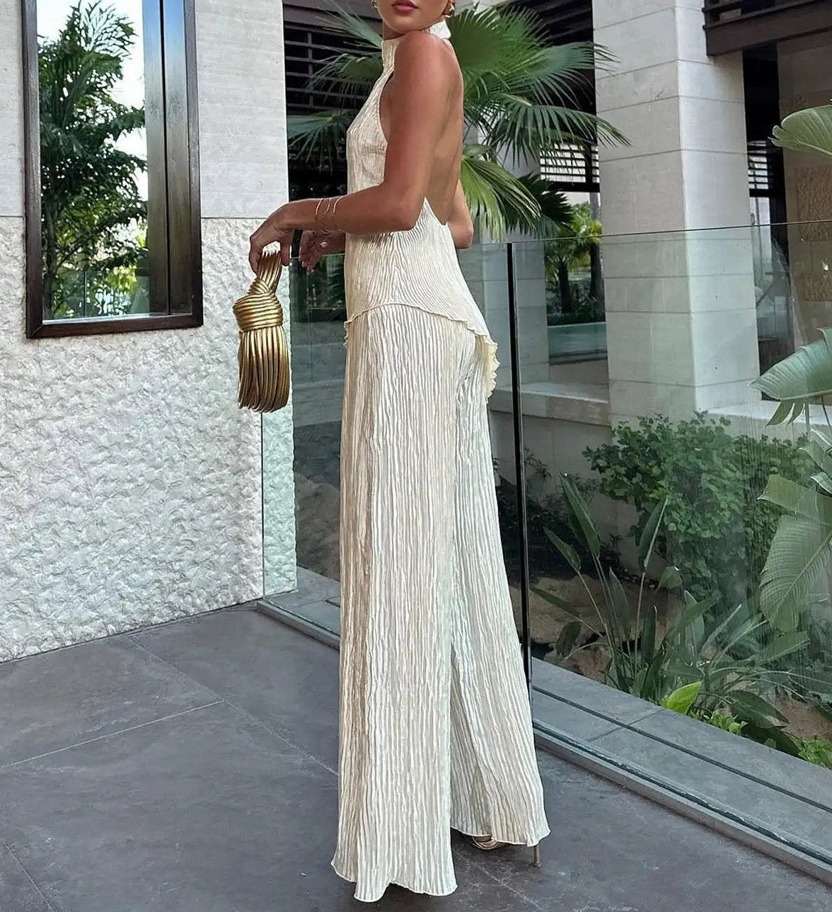 Women's Pleated Halter Top and Wide-Leg Trousers Set - Image 3