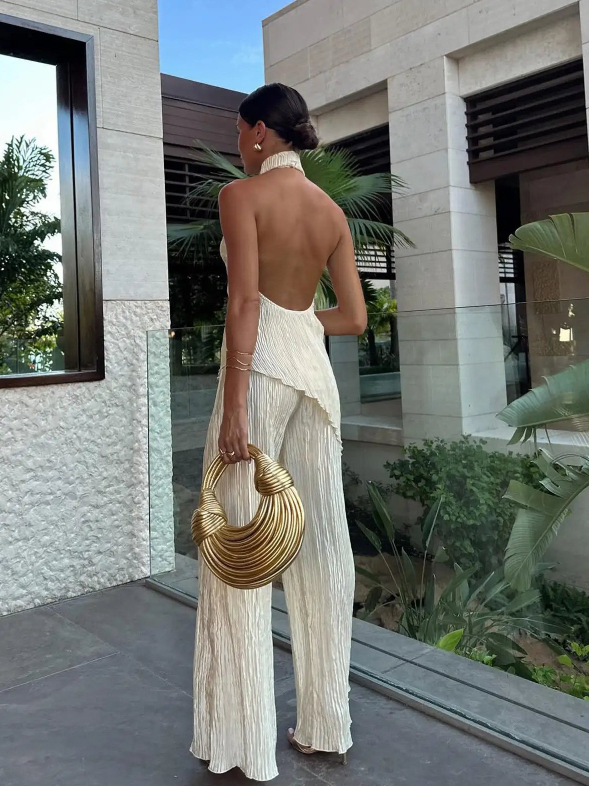 Women's Pleated Halter Top and Wide-Leg Trousers Set - Image 4