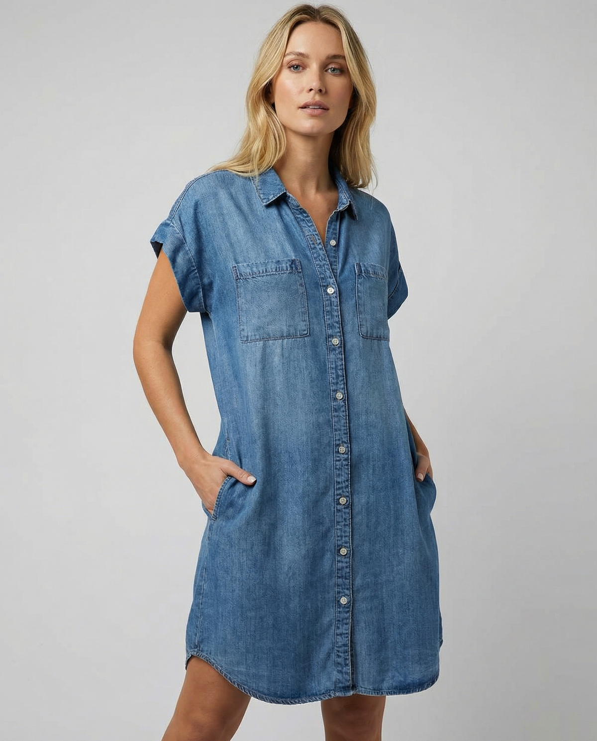 Women's Relaxed Fit Mini Shirt Dress with Pockets - Image 1