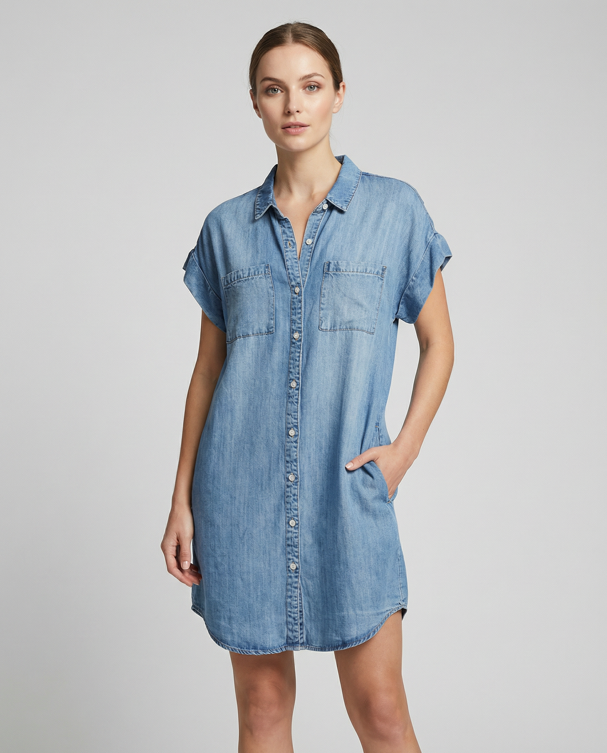 Women's Relaxed Fit Mini Shirt Dress with Pockets - Image 3