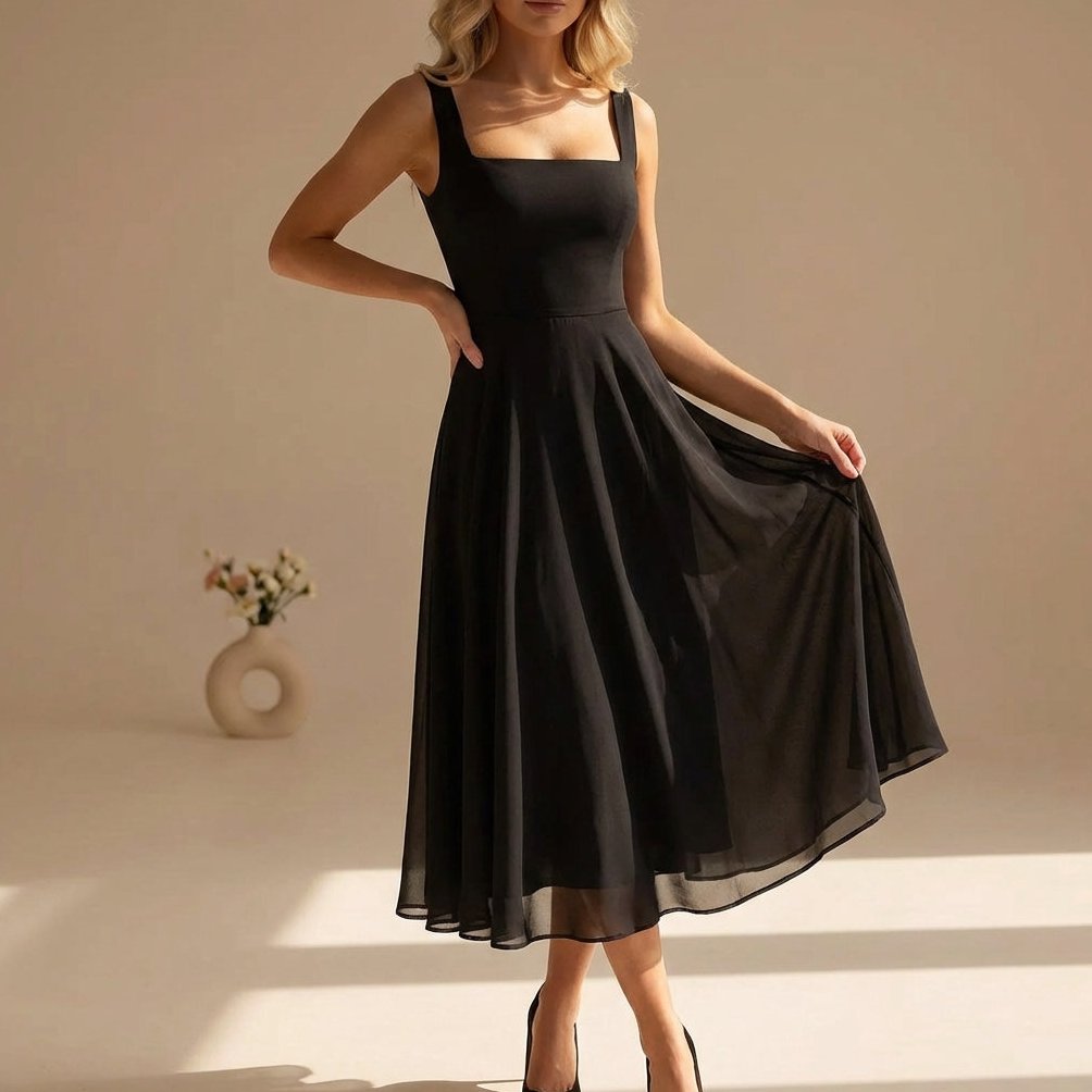 Women's Square Neck Sleeveless A-Line Midi Dress - Image 3