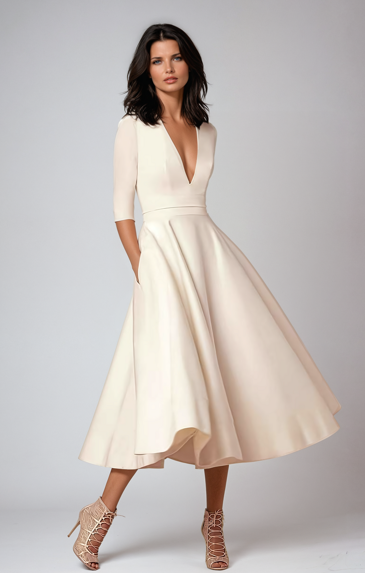 Women's White Flared Midi Dress for Weddings - Image 1