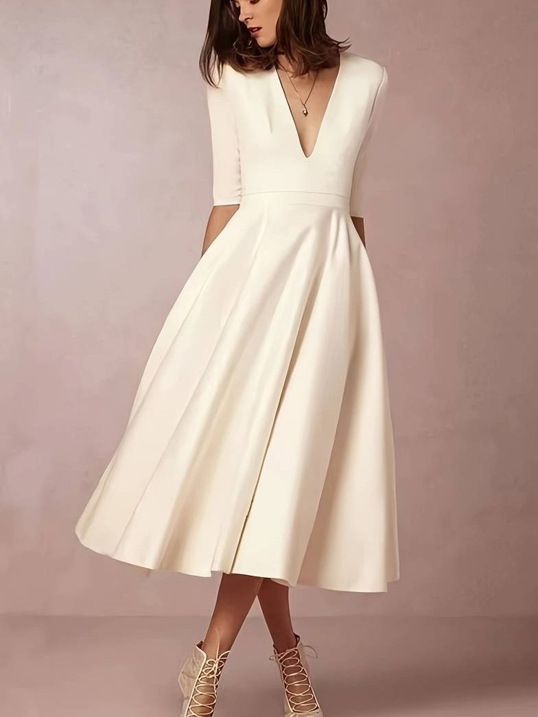 Women's White Flared Midi Dress for Weddings - Image 2