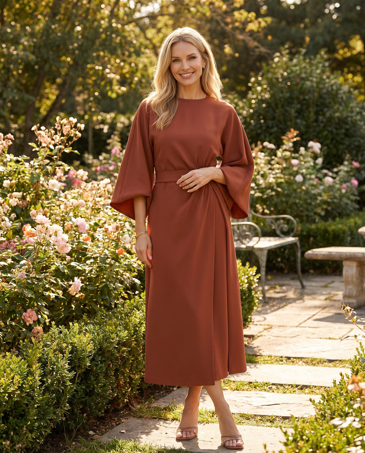Women's Wide Sleeve Belted Midi Dress - Image 3