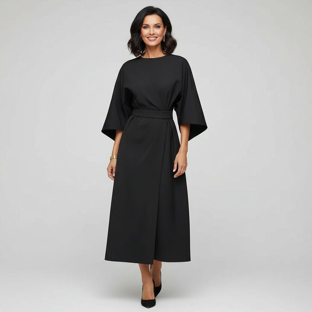 Women's Wide Sleeve Belted Midi Dress - Image 5