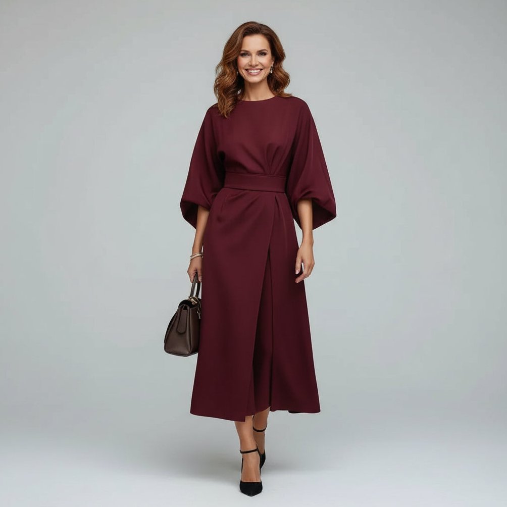 Women's Wide Sleeve Belted Midi Dress - Image 8