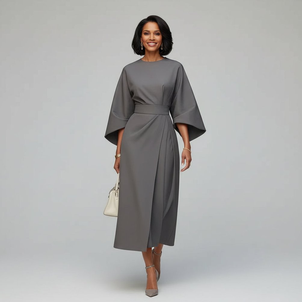 Women's Wide Sleeve Belted Midi Dress - Image 9