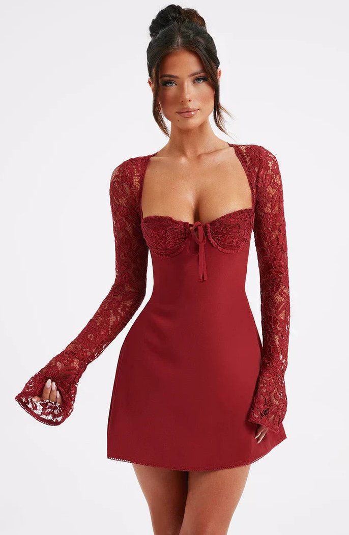 Women's Wine Red Lace-Up Mini Dress for Parties - Image 2
