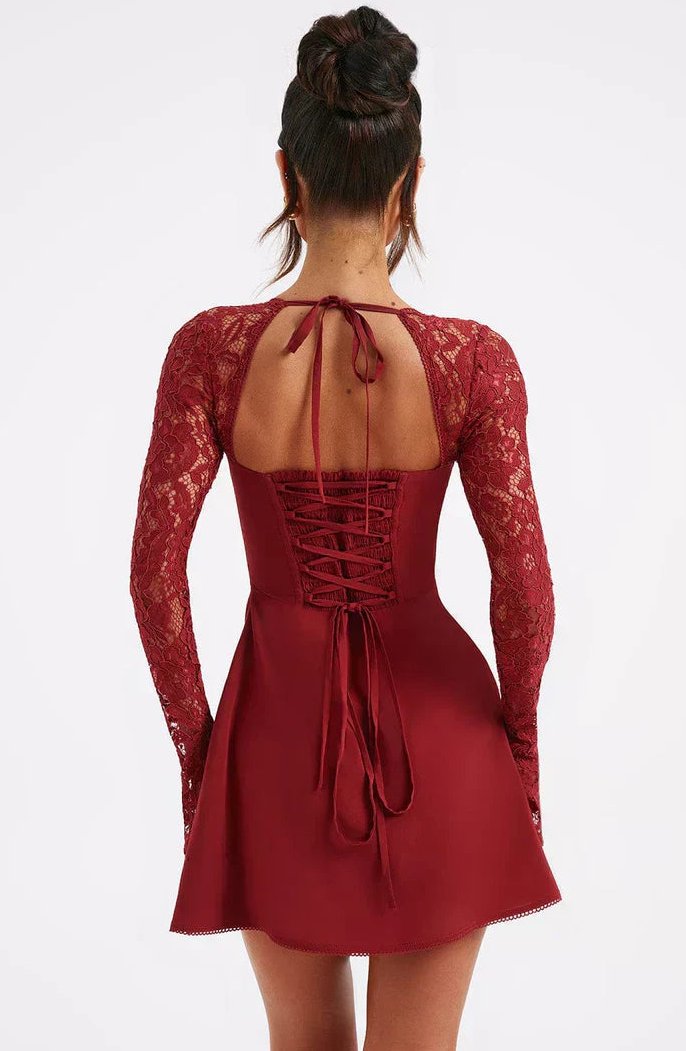 Women's Wine Red Lace-Up Mini Dress for Parties - Image 3