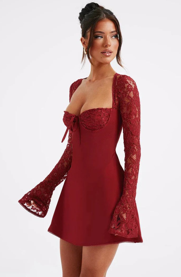 Women's Wine Red Lace-Up Mini Dress for Parties - Image 4