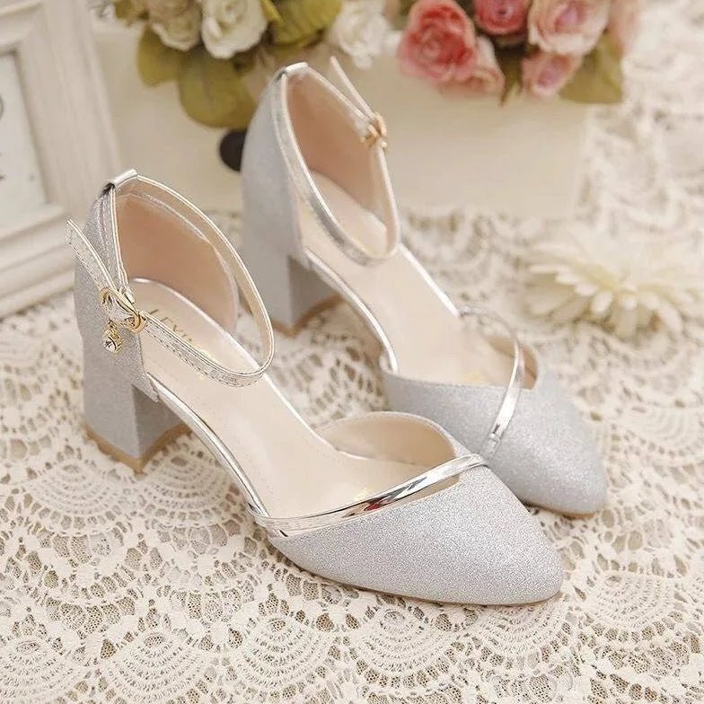 Women's Glitter Block Heel Sandals with Ankle Strap and Buckle