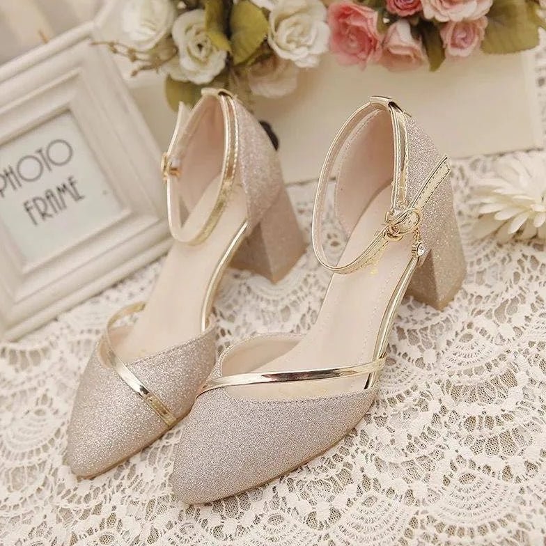 Women's Glitter Block Heel Sandals with Ankle Strap and Buckle
