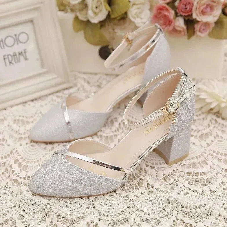 Women's Glitter Block Heel Sandals with Ankle Strap and Buckle