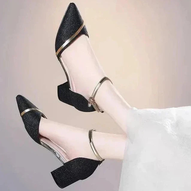 Women's Glitter Block Heel Sandals with Ankle Strap and Buckle