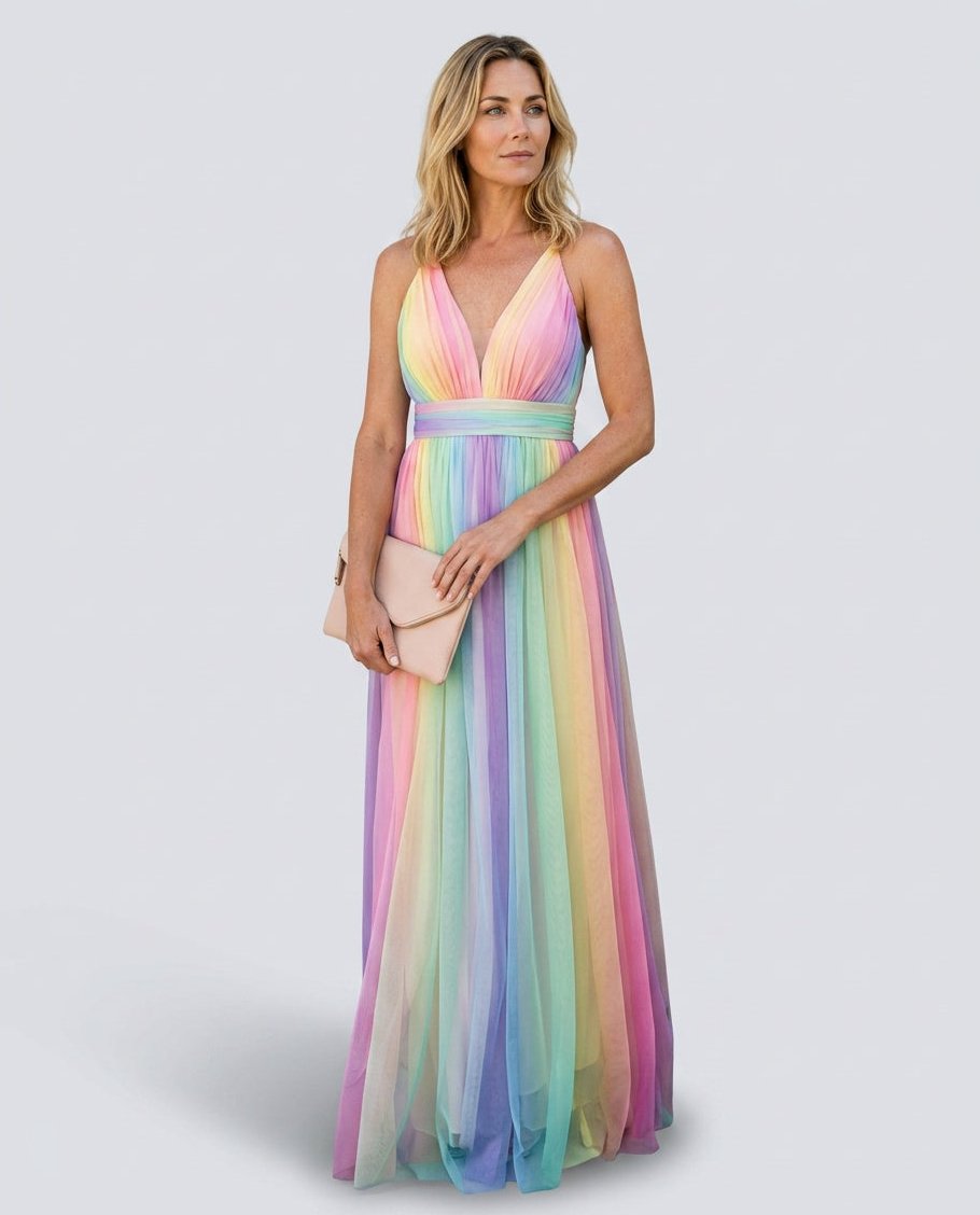Women's Backless Tulle Maxi Dress with Crossed Straps