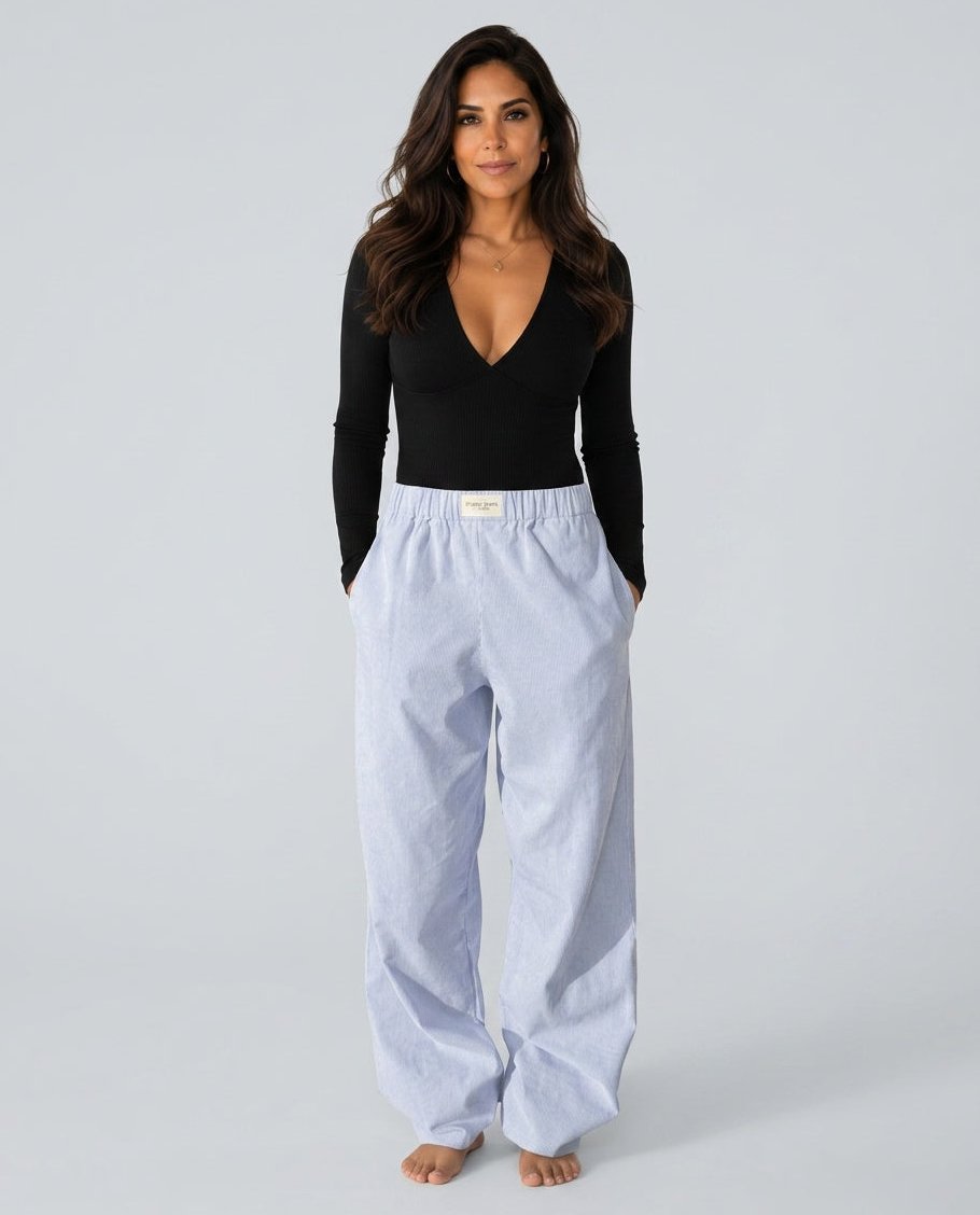 Womens Wide Leg Pants with Elastic Waistband in Linen-Look Polyester