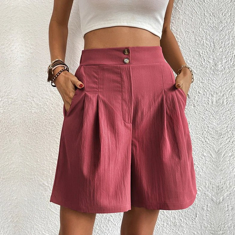 Womens High Waisted Shorts with Pleated Wide Leg in Woven Fabric
