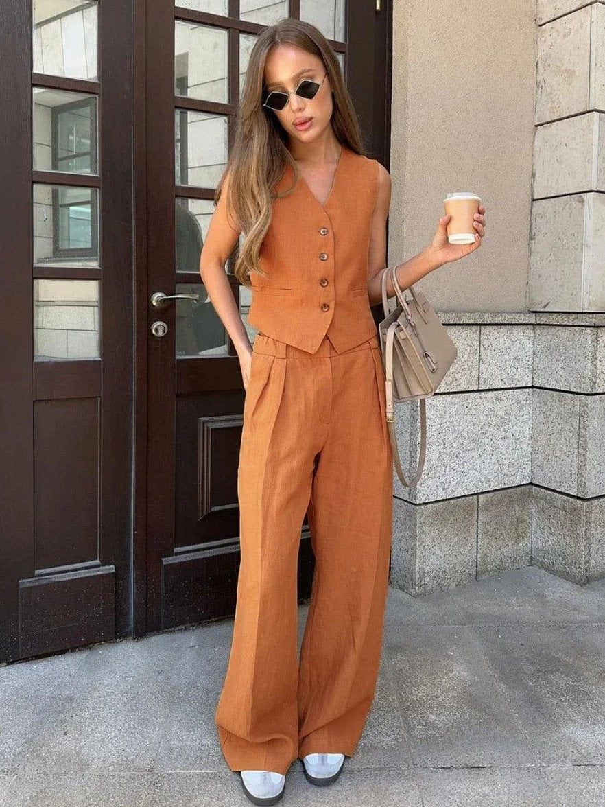 Womens Wide Leg Pants Linen Two Piece Set with Button Vest