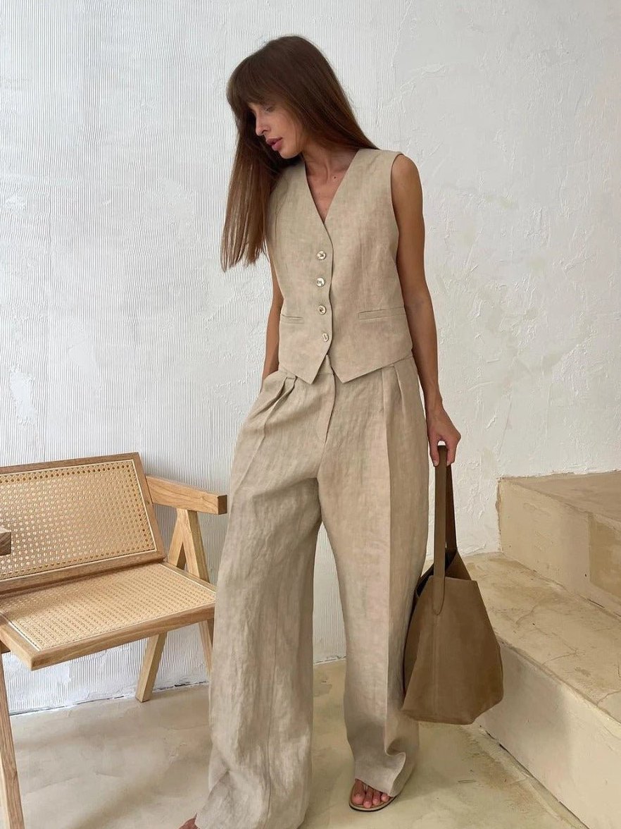 Womens Wide Leg Pants Linen Two Piece Set with Button Vest