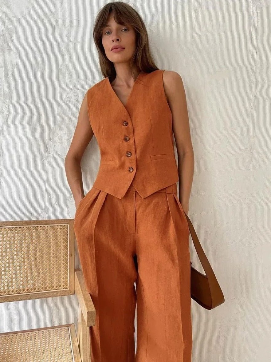 Womens Wide Leg Pants Linen Two Piece Set with Button Vest