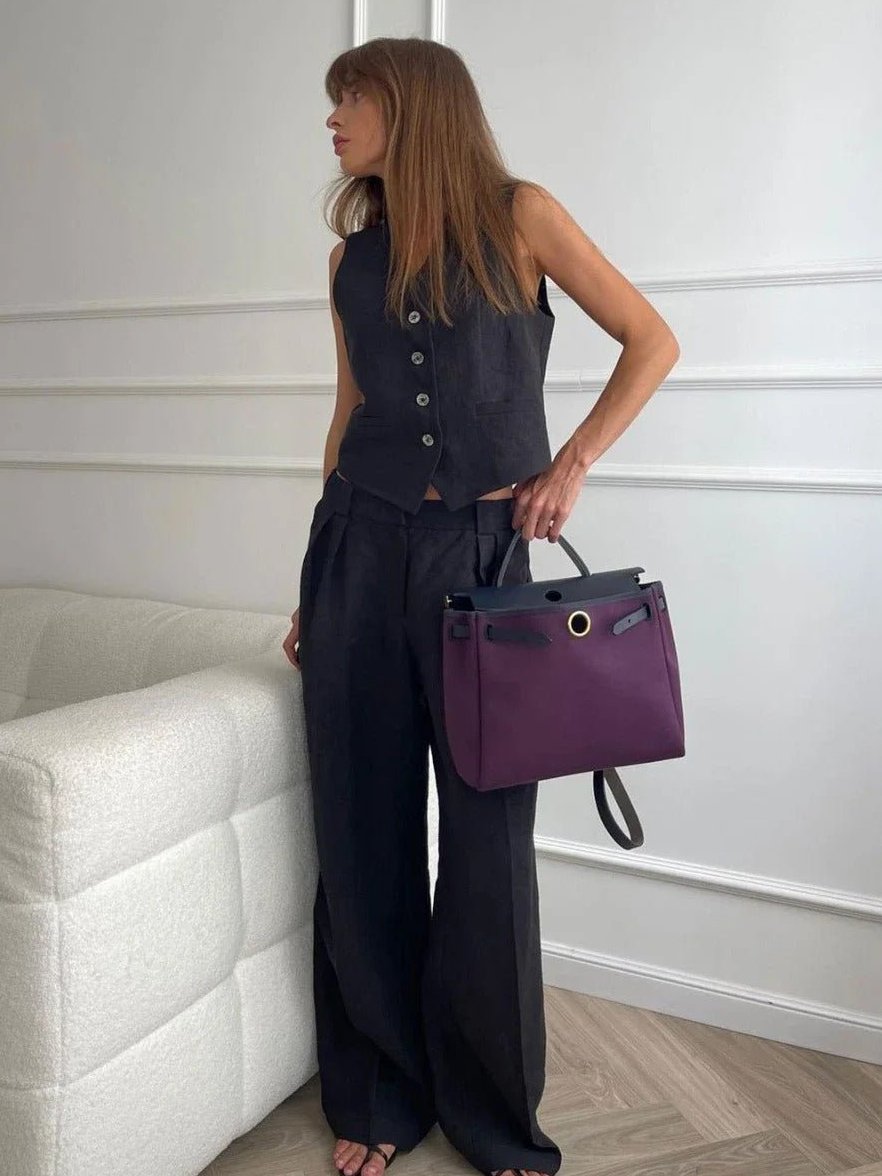 Womens Wide Leg Pants Linen Two Piece Set with Button Vest