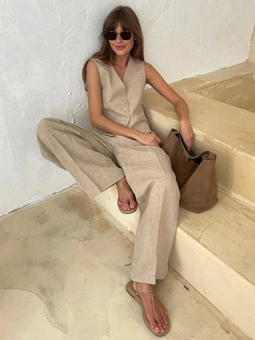 Womens Wide Leg Pants Linen Two Piece Set with Button Vest