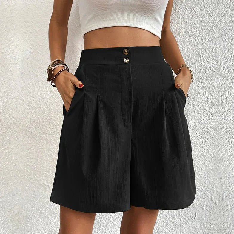 Womens High Waisted Shorts with Pleated Wide Leg in Woven Fabric