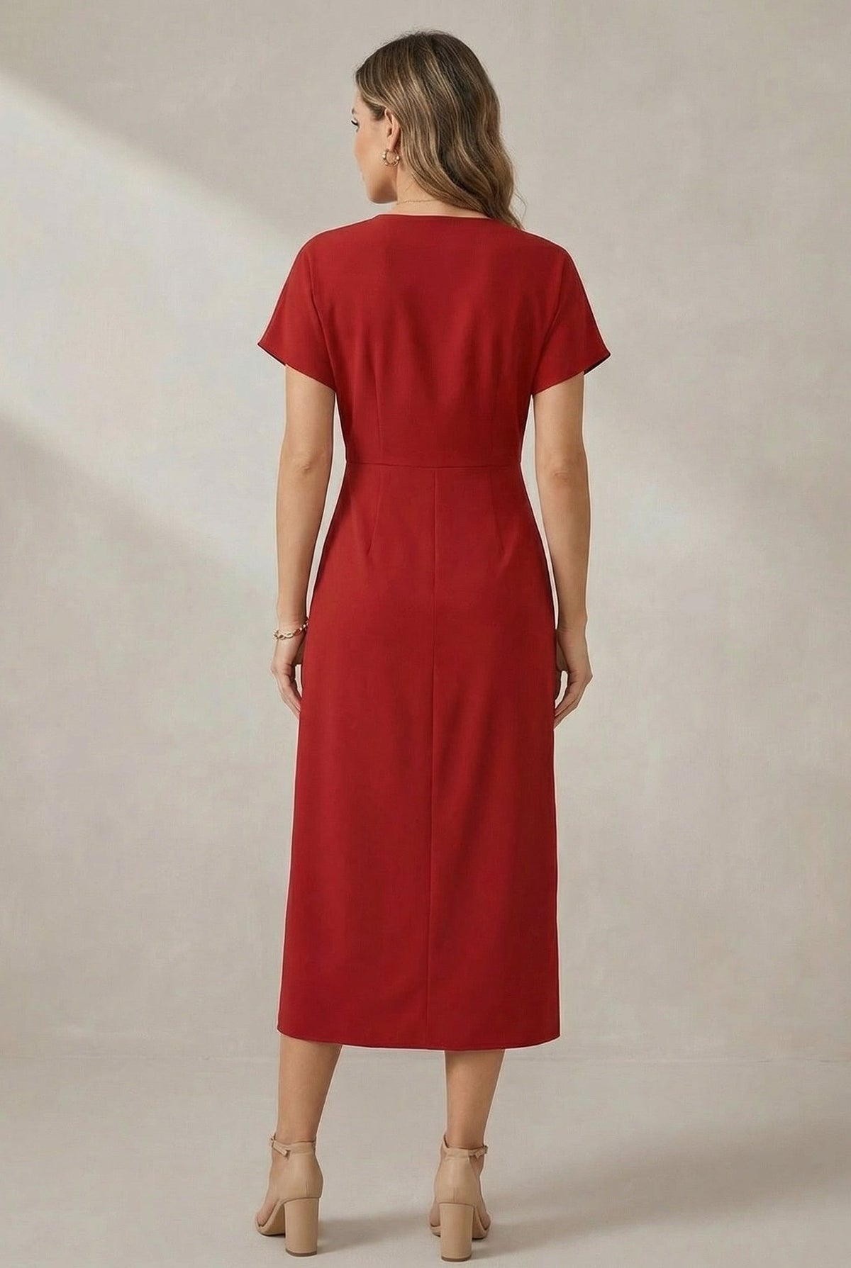 Women's V-Neck Midi Dress with Wrap Front and Short Sleeves