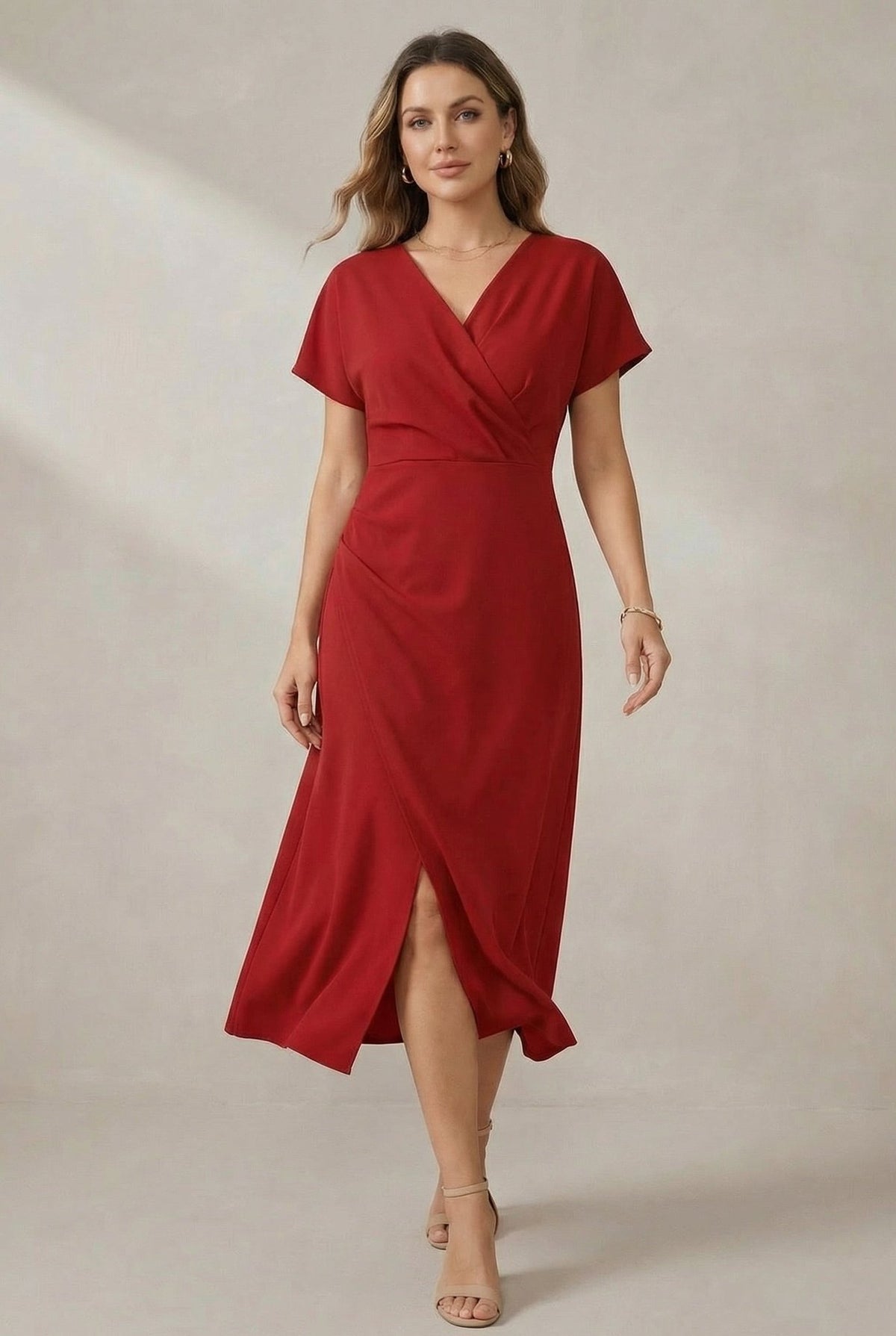 Women's V-Neck Midi Dress with Wrap Front and Short Sleeves