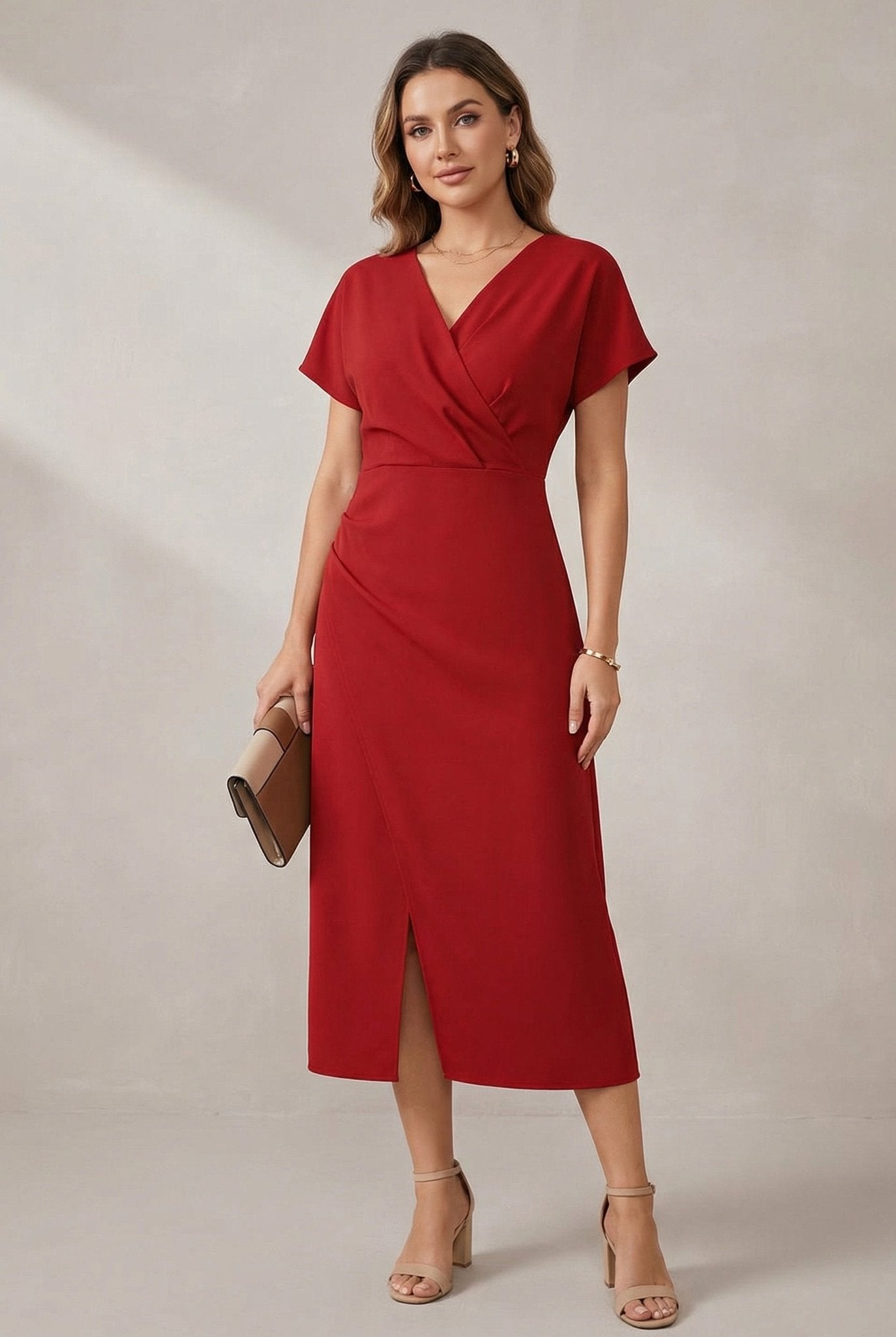 Women's V-Neck Midi Dress with Wrap Front and Short Sleeves