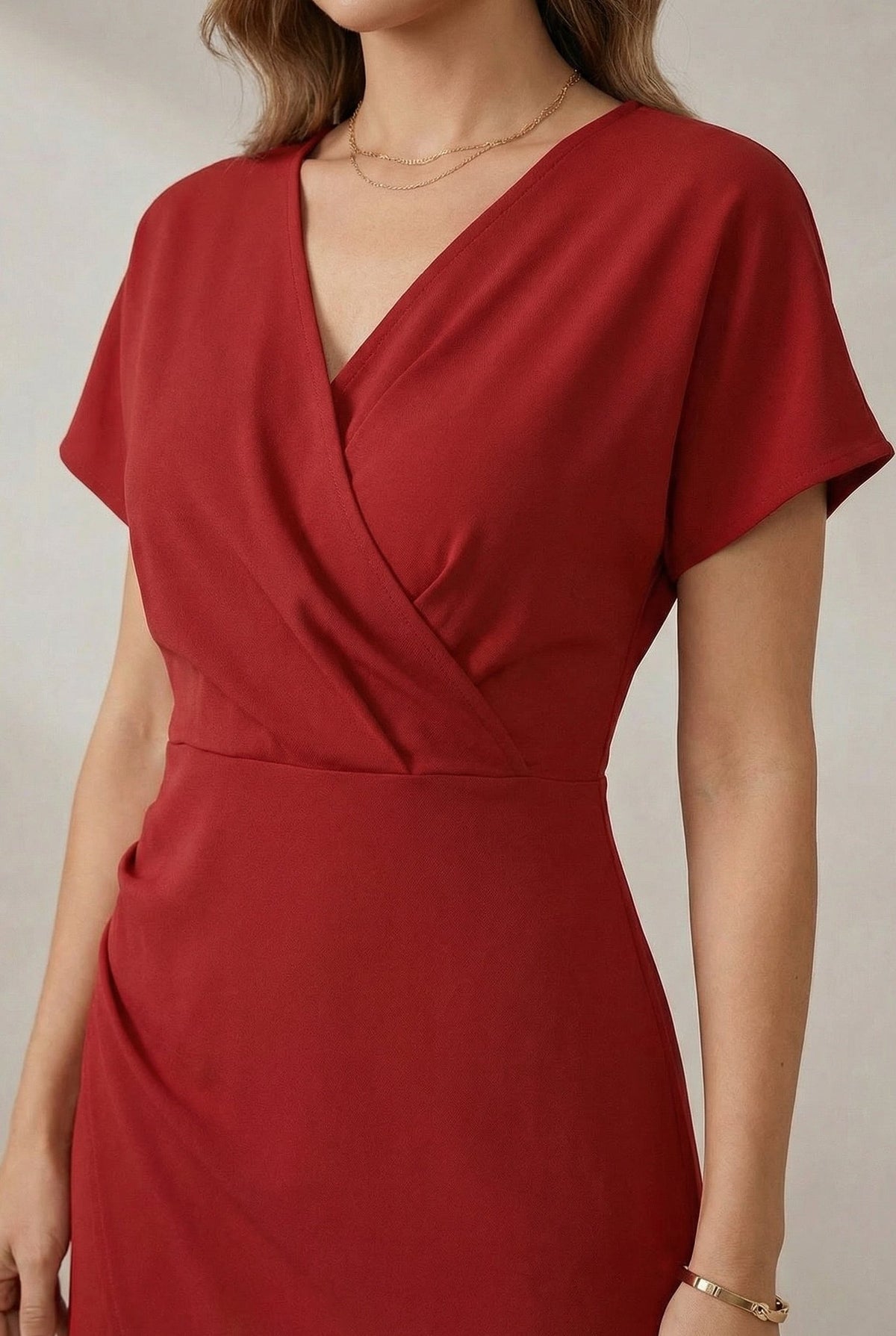 Women's V-Neck Midi Dress with Wrap Front and Short Sleeves