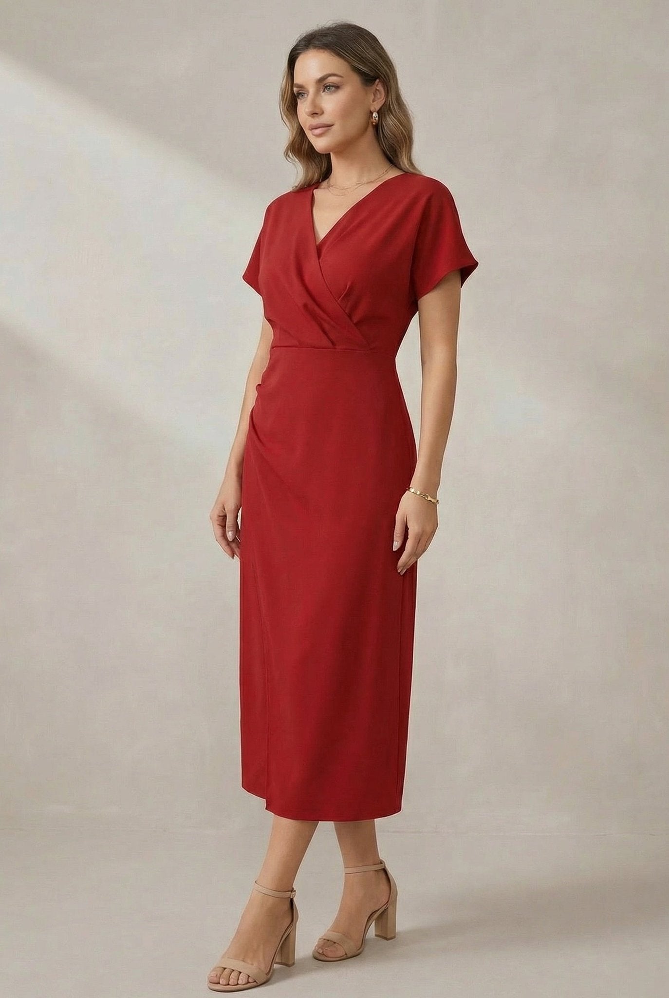 Women's V-Neck Midi Dress with Wrap Front and Short Sleeves