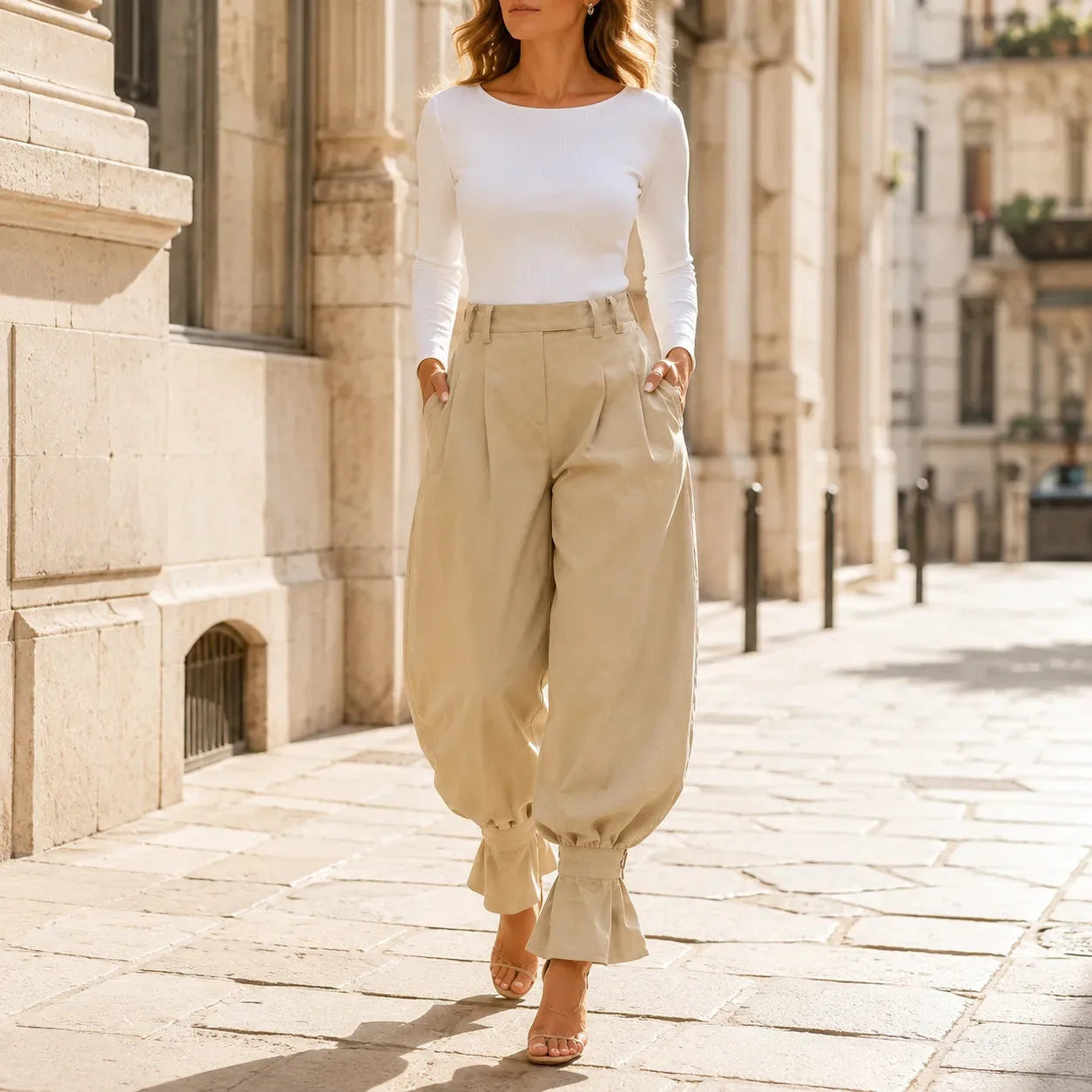 Pants in Summer with High Waist and Pleated Lantern Leg for Women