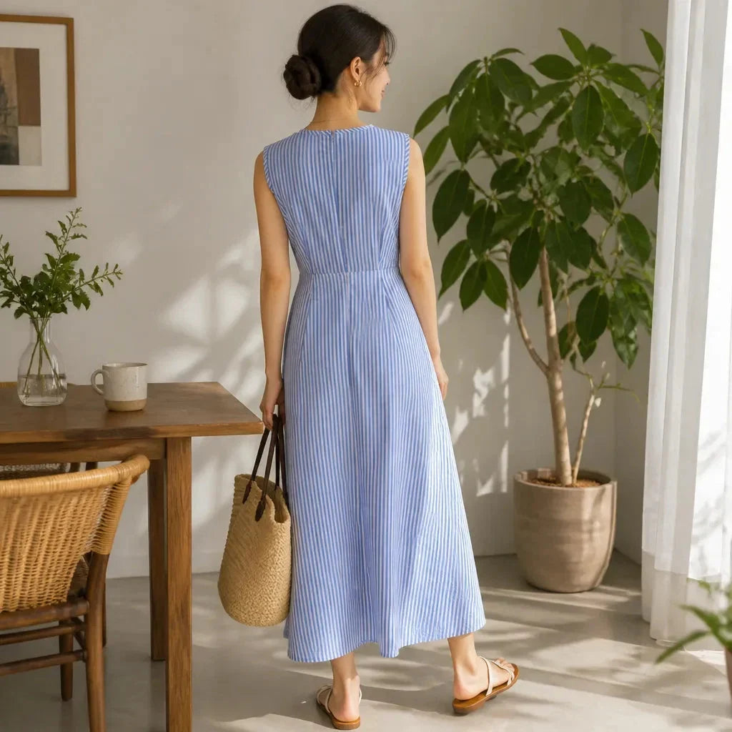 Women's Maxi Sundress with Crossover Wrap Waist in Woven Fabric