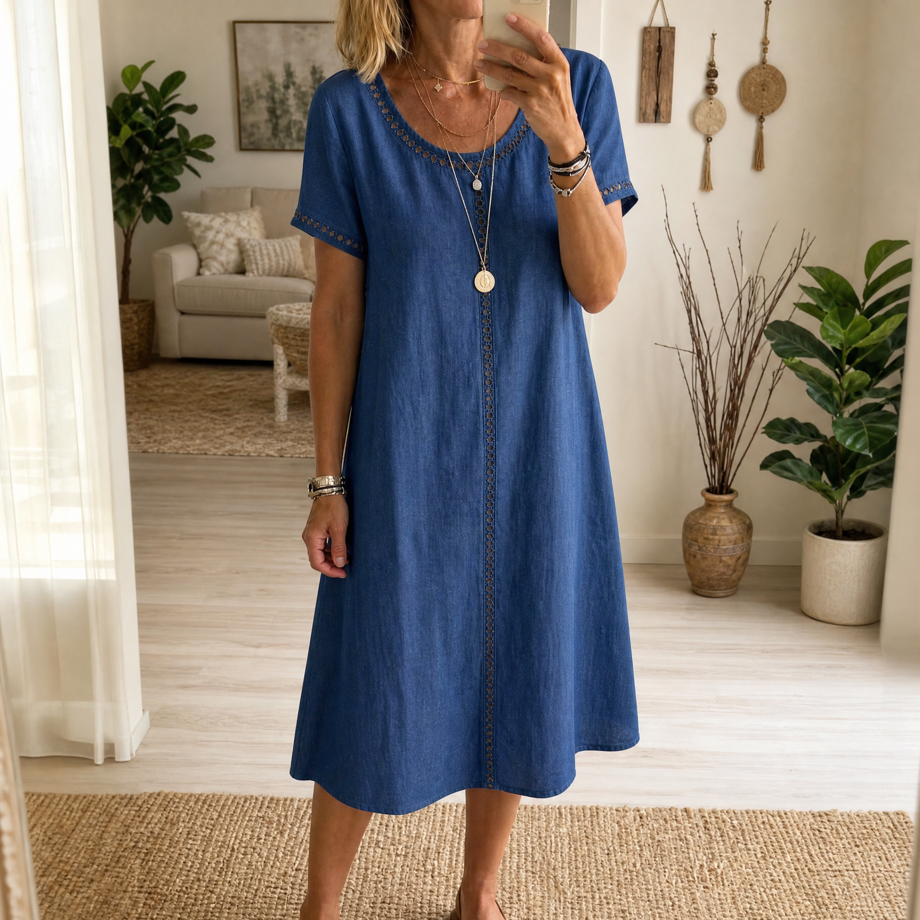 Summer Dresses: Women's Denim Midi Dress with Eyelet Trim
